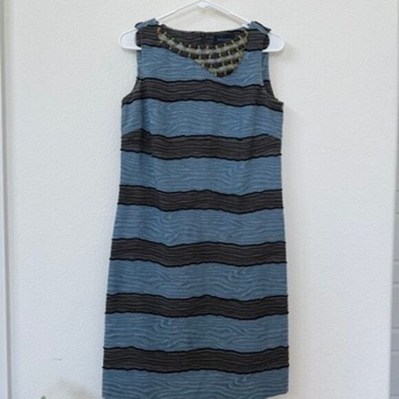 PIAZZA SEMPIONE Sleeveless Shift Dress Blue Black Textured Stripe Beaded Italy 8